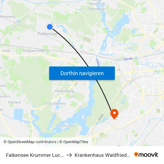 Falkensee Krummer Luchweg to Krankenhaus Waldfriede e. V. map
