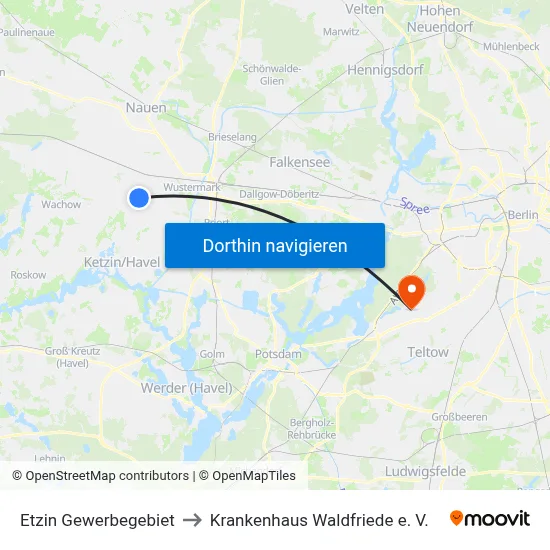 Etzin Gewerbegebiet to Krankenhaus Waldfriede e. V. map
