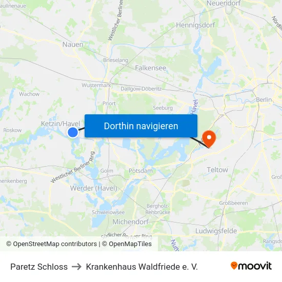 Paretz Schloss to Krankenhaus Waldfriede e. V. map