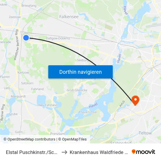 Elstal Puschkinstr./Schule to Krankenhaus Waldfriede e. V. map