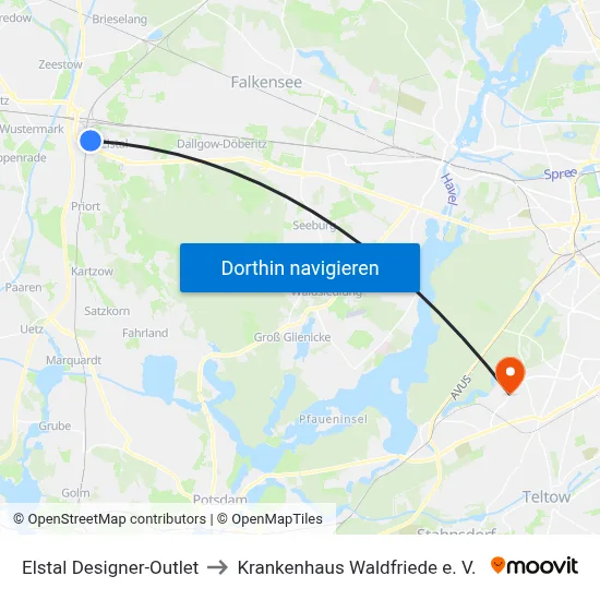 Elstal Designer-Outlet to Krankenhaus Waldfriede e. V. map
