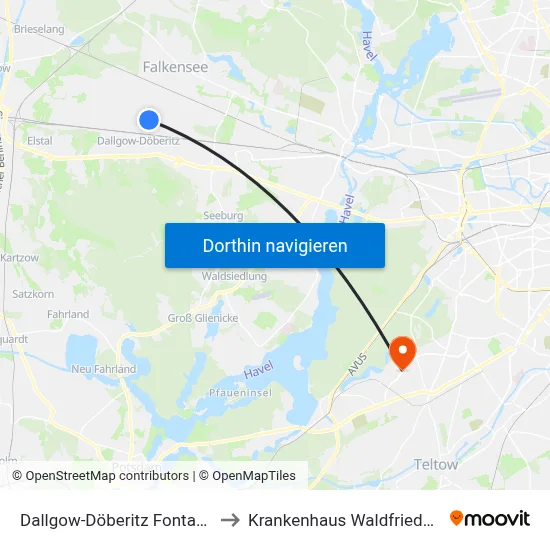 Dallgow-Döberitz Fontanestr. to Krankenhaus Waldfriede e. V. map