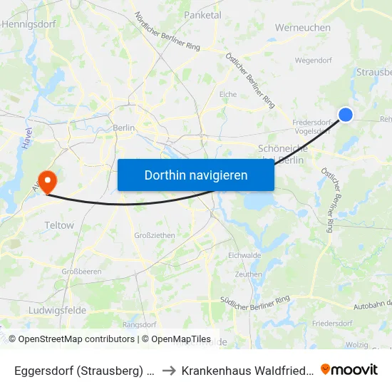 Eggersdorf (Strausberg) Kirche to Krankenhaus Waldfriede e. V. map