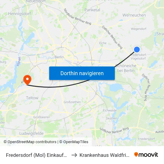 Fredersdorf (Mol) Einkaufszentrum to Krankenhaus Waldfriede e. V. map