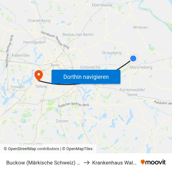 Buckow (Märkische Schweiz) Neue Promenade to Krankenhaus Waldfriede e. V. map