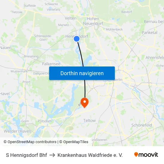 S Hennigsdorf Bhf to Krankenhaus Waldfriede e. V. map
