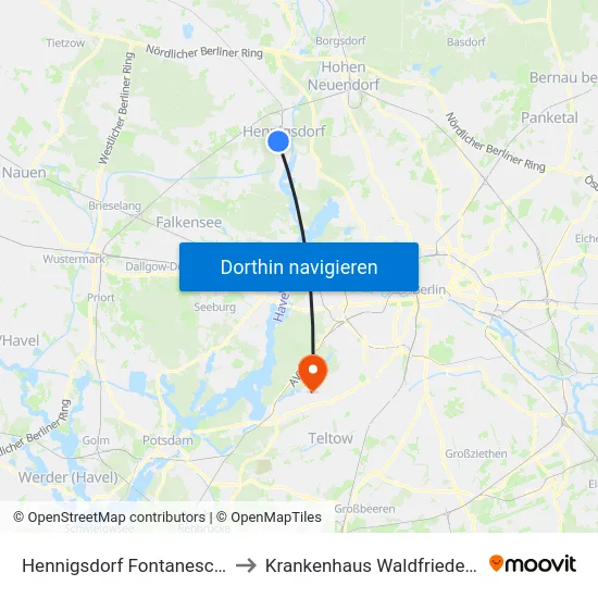 Hennigsdorf Fontaneschule to Krankenhaus Waldfriede e. V. map