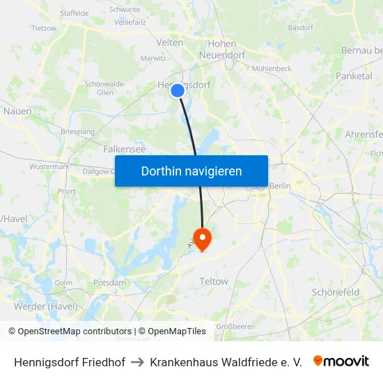 Hennigsdorf Friedhof to Krankenhaus Waldfriede e. V. map