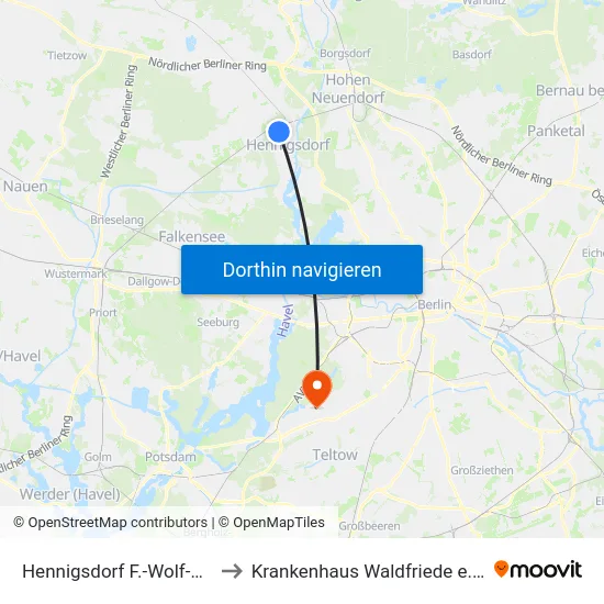 Hennigsdorf F.-Wolf-Str. to Krankenhaus Waldfriede e. V. map