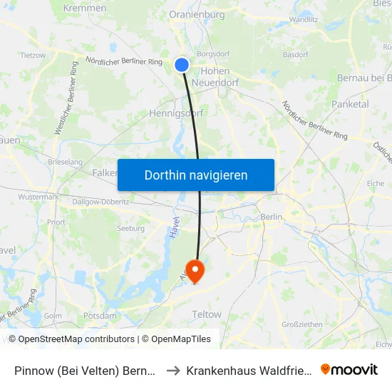 Pinnow (Bei Velten) Bernsteinsee to Krankenhaus Waldfriede e. V. map