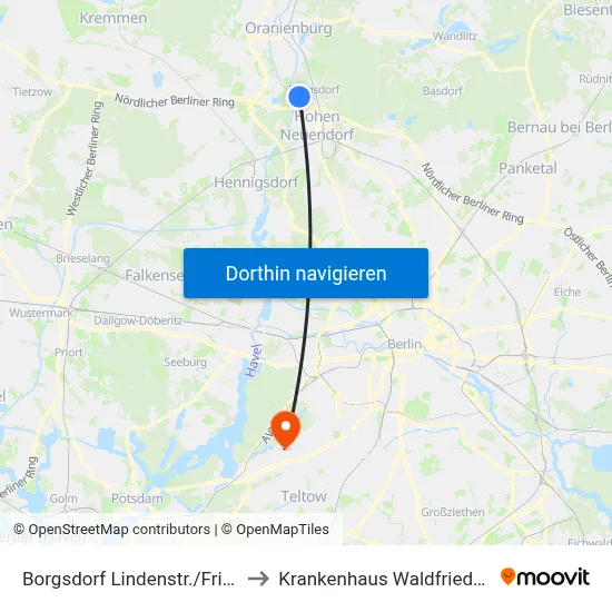 Borgsdorf Lindenstr./Friedhof to Krankenhaus Waldfriede e. V. map