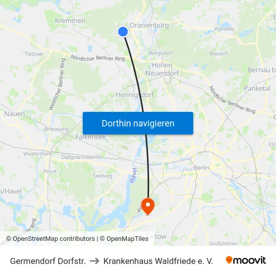 Germendorf Dorfstr. to Krankenhaus Waldfriede e. V. map