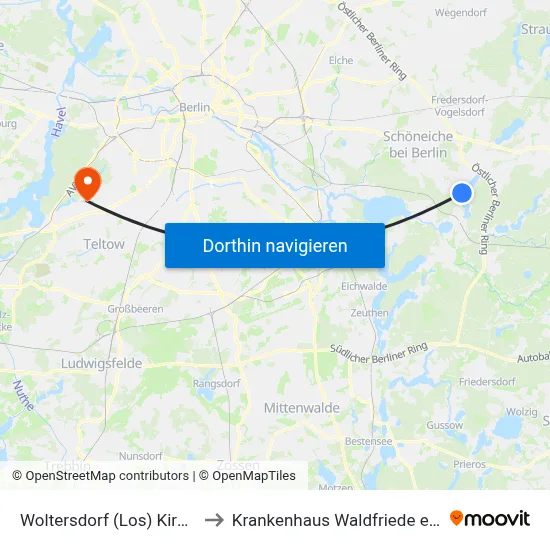 Woltersdorf (Los) Kirche to Krankenhaus Waldfriede e. V. map