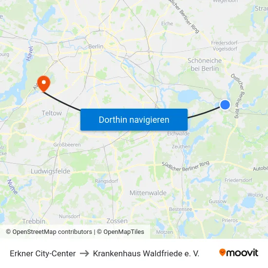 Erkner City-Center to Krankenhaus Waldfriede e. V. map