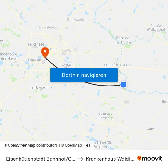 Eisenhüttenstadt Bahnhof/Glashüttenstr. to Krankenhaus Waldfriede e. V. map