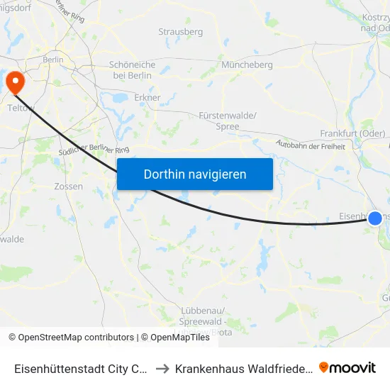 Eisenhüttenstadt City Center to Krankenhaus Waldfriede e. V. map