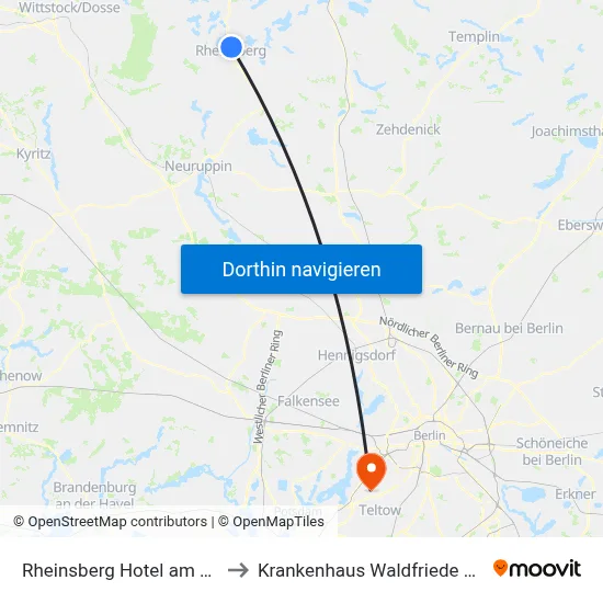 Rheinsberg Hotel am See to Krankenhaus Waldfriede e. V. map