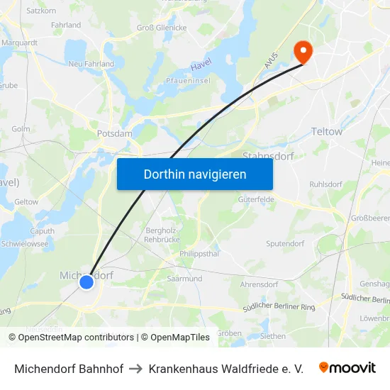 Michendorf Bahnhof to Krankenhaus Waldfriede e. V. map