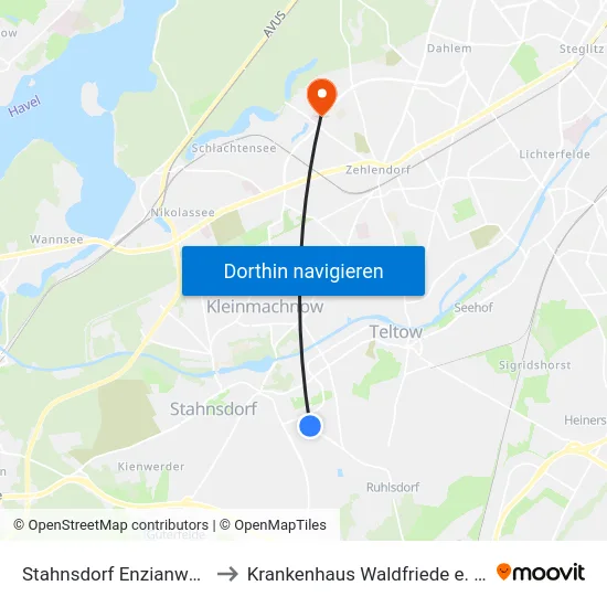 Stahnsdorf Enzianweg to Krankenhaus Waldfriede e. V. map