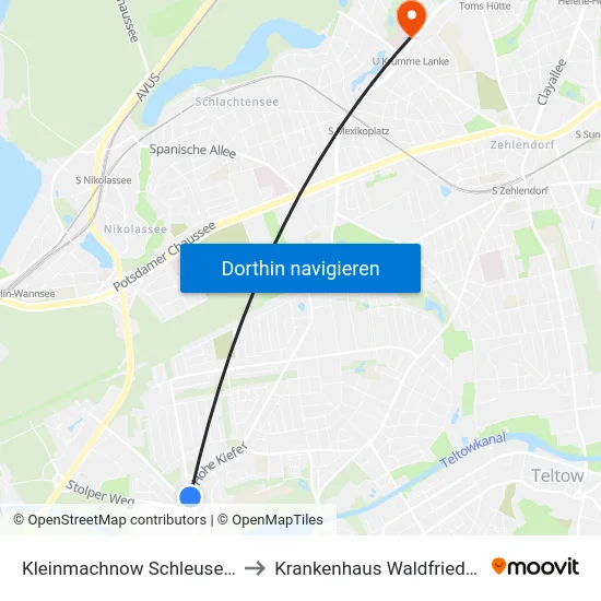 Kleinmachnow Schleusenweg to Krankenhaus Waldfriede e. V. map