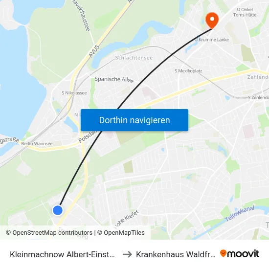 Kleinmachnow Albert-Einstein-Ring Süd to Krankenhaus Waldfriede e. V. map