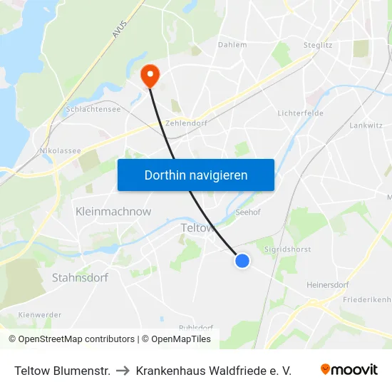 Teltow Blumenstr. to Krankenhaus Waldfriede e. V. map