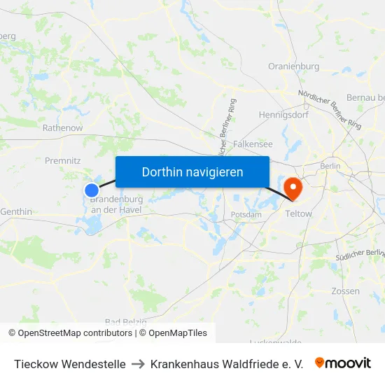 Tieckow Wendestelle to Krankenhaus Waldfriede e. V. map