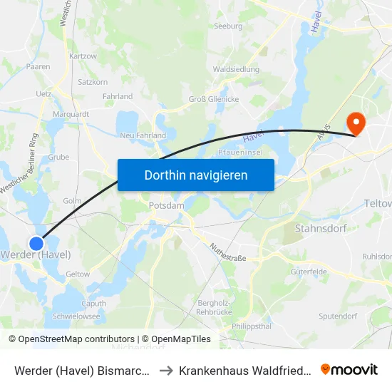 Werder (Havel) Bismarckhöhe to Krankenhaus Waldfriede e. V. map