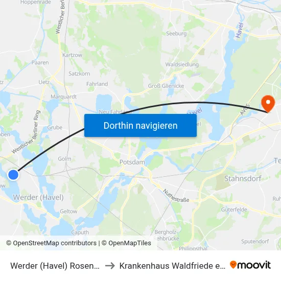 Werder (Havel) Rosenstr. to Krankenhaus Waldfriede e. V. map