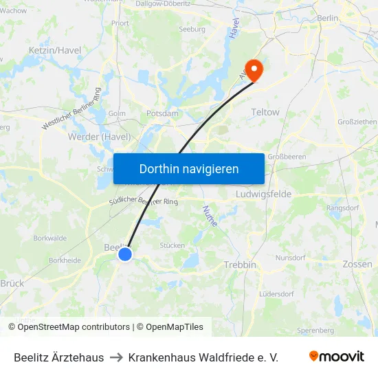 Beelitz Ärztehaus to Krankenhaus Waldfriede e. V. map