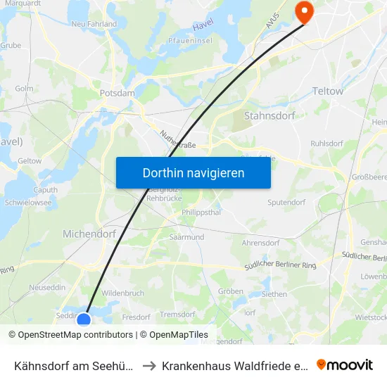 Kähnsdorf am Seehügel to Krankenhaus Waldfriede e. V. map