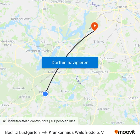 Beelitz Lustgarten to Krankenhaus Waldfriede e. V. map