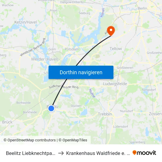 Beelitz Liebknechtpark to Krankenhaus Waldfriede e. V. map