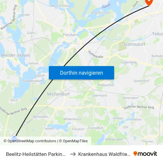 Beelitz-Heilstätten Parkinsonklinik to Krankenhaus Waldfriede e. V. map
