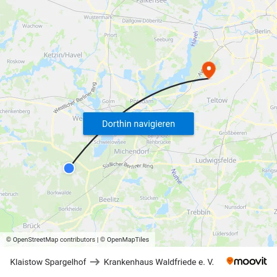 Klaistow Spargelhof to Krankenhaus Waldfriede e. V. map