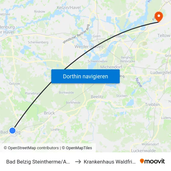 Bad Belzig Steintherme/Am Kurpark to Krankenhaus Waldfriede e. V. map