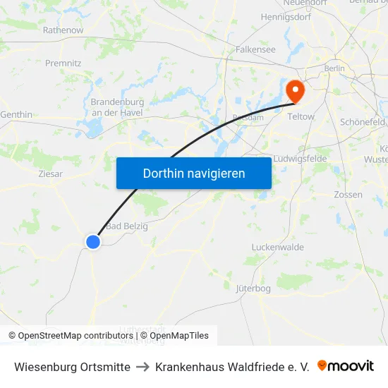 Wiesenburg Ortsmitte to Krankenhaus Waldfriede e. V. map