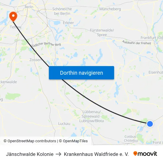 Jänschwalde Kolonie to Krankenhaus Waldfriede e. V. map