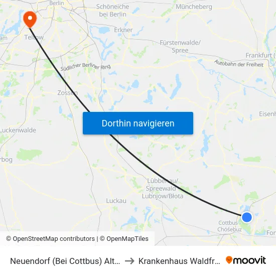 Neuendorf (Bei Cottbus) Alter Bahnhof to Krankenhaus Waldfriede e. V. map