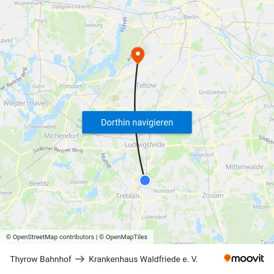 Thyrow Bahnhof to Krankenhaus Waldfriede e. V. map