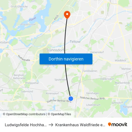 Ludwigsfelde Hochhaus to Krankenhaus Waldfriede e. V. map