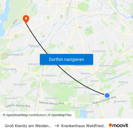 Groß Kienitz am Weidendamm to Krankenhaus Waldfriede e. V. map