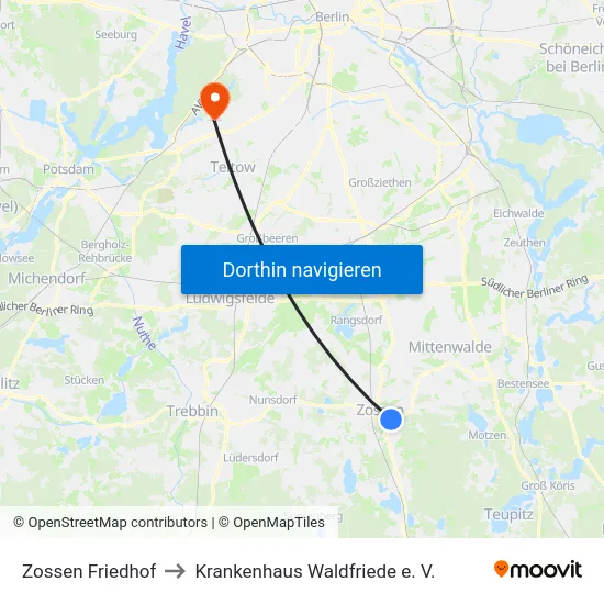 Zossen Friedhof to Krankenhaus Waldfriede e. V. map