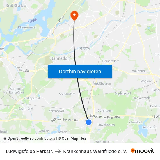 Ludwigsfelde Parkstr. to Krankenhaus Waldfriede e. V. map