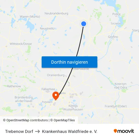 Trebenow Dorf to Krankenhaus Waldfriede e. V. map
