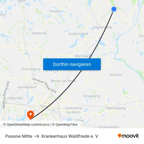 Passow Mitte to Krankenhaus Waldfriede e. V. map