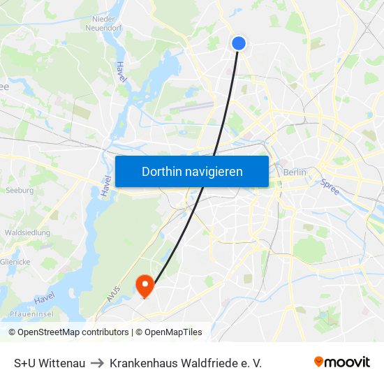 S+U Wittenau to Krankenhaus Waldfriede e. V. map