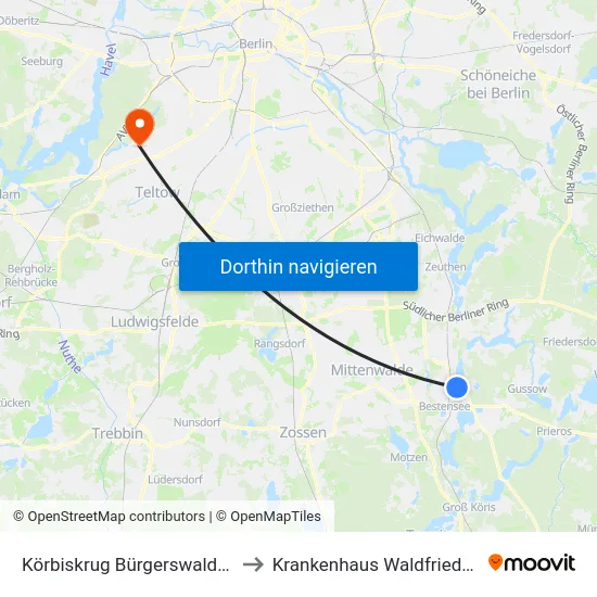 Körbiskrug Bürgerswalder Str. to Krankenhaus Waldfriede e. V. map