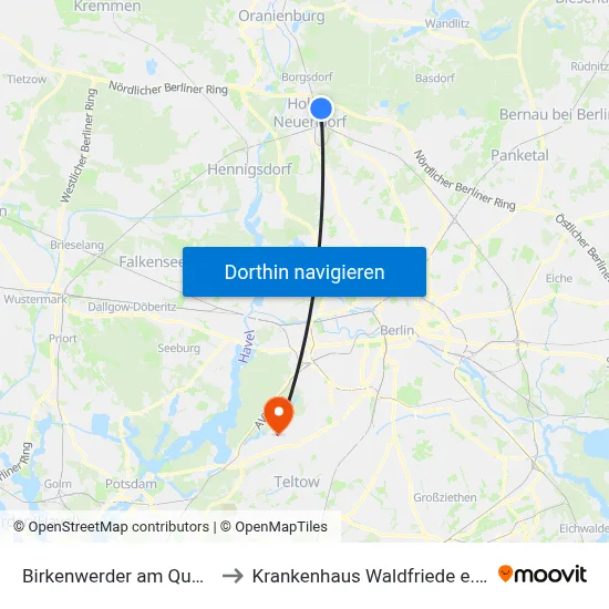 Birkenwerder am Quast to Krankenhaus Waldfriede e. V. map