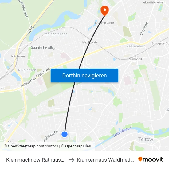 Kleinmachnow Rathausmarkt to Krankenhaus Waldfriede e. V. map